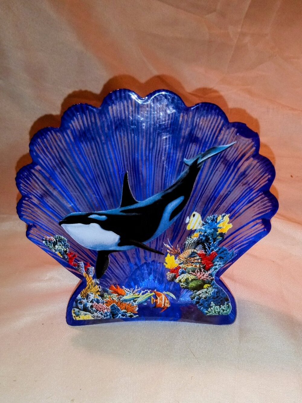 BLUE HEAVY GLASS 5" SEASHELL COLORFUL DOLPHIN SHELF OR WORK DESK DECOR DECOR